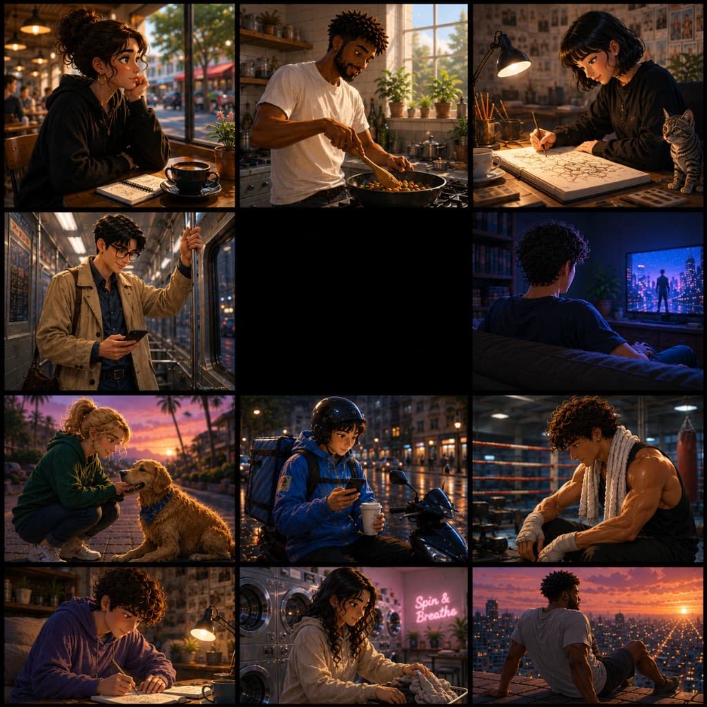 A mosaic of twelve panels showing strangers' lives. One panel is completely dark.